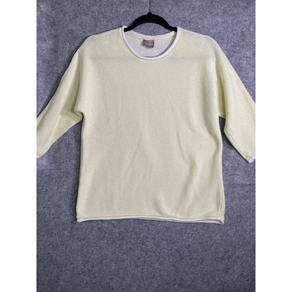 Chico's Women Pale Yellowโ Knit Sweater Crew Neck 3/4 Sleeve Pullover Top